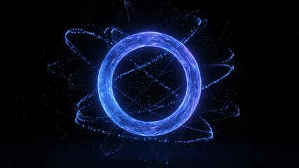 Digital energy ring glowing center darkness. virtual power halo radiant core abyssal backdrop futuristic abstract illumination vitality innovation.