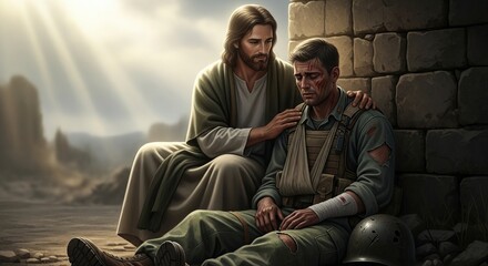 Jesus christ offers comfort and solace to a weary soldier in a war torn environment with divine light shining down