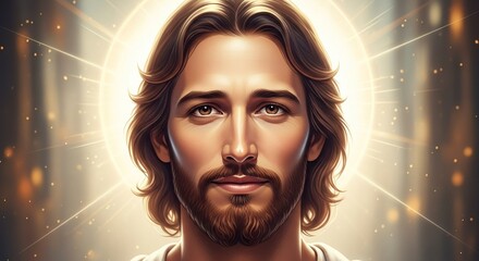 Close up portrait of jesus christ with a compassionate gaze and divine light radiating from behind him symbolizing hope and spiritual guidance