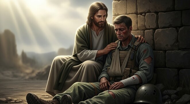 Jesus christ offers comfort and solace to a weary soldier in a war torn environment with divine light shining down
