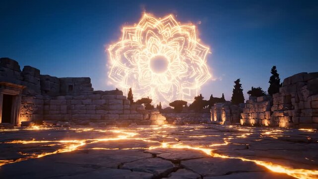Floating mandala glowing cracked city wall. levitating rosette radiant fractured urban barrier.
