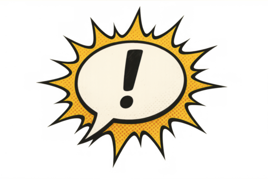 Comic speech bubble with exclamation mark creating a popup explosion burst, retro pop art style