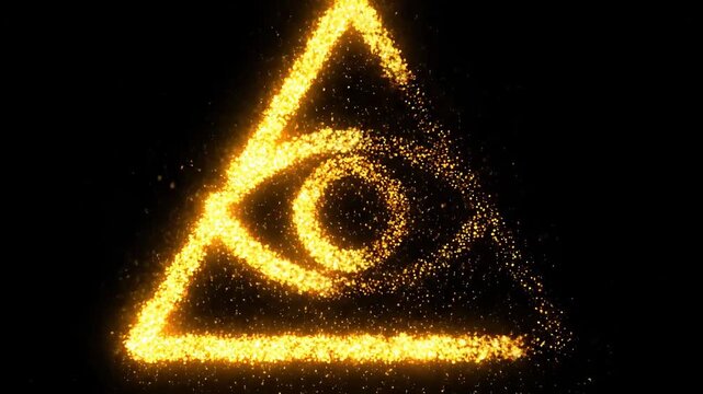 Floating particles forming triangle eye pyramid. levitating atom composing ocular delta structure ethereal form.