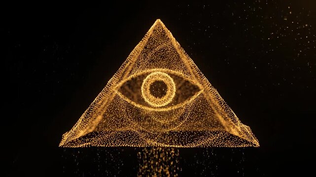 Floating particles forming triangle eye pyramid. levitating speck creating triangular ocular tetrahedron abstract design.