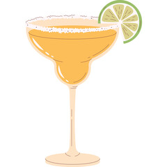 A festive yellow margarita cocktail in a margarita glass with a salted rim and a lime wedge garnish on a transparent background evoking a celebratory mood