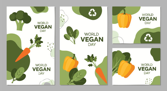 World Vegan Day Poster Set — Flat Carrot, Broccoli and Bell Pepper Illustration