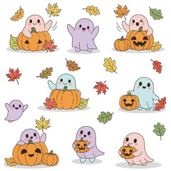 Fototapeta premium Cute Halloween Ghosts with Pumpkins and Autumn Leaves Illustration