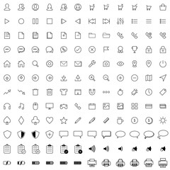 Collection of minimalist outline icons for user interfaces, including media controls, tools, communication, and system symbols in clean black line design.