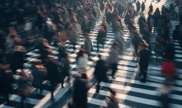 Busy pedestrian crossing in a bustling city with blurred motion.