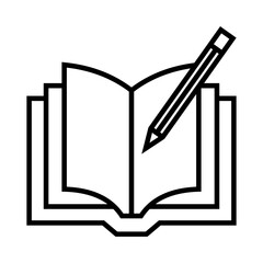 Outline illustration of an open book with a pencil, symbolizing education, writing, creativity, or learning materials.