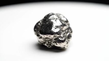Close-up of a shiny, irregularly shaped, metallic silver nugget, possibly a precious metal.