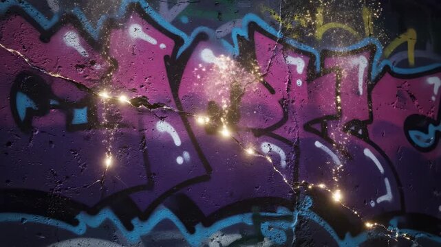 Soft glowing particles rising concrete graffiti cracks. gentle luminous mote ascent cement artwork fissure.