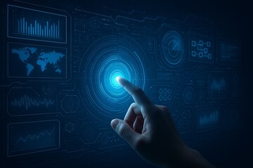 Hand touching digital HUD futuristic interface symbolizing cyber communication hologram innovation and VR internet system