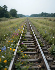 Overgrown Railroad Tracks with Wildflowers - A Journey Through Nature