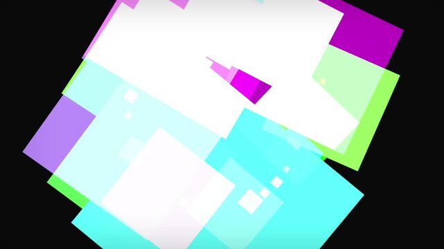 Abstract composition of overlapping translucent rectangles in shades of purple, pink, white, and cyan against a black background