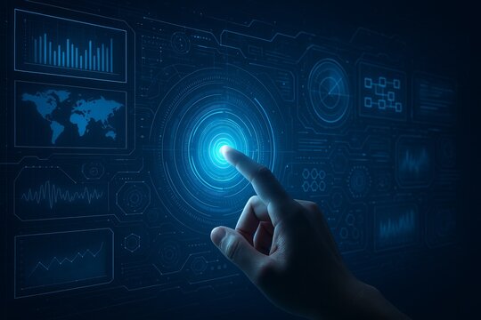 Hand touching digital HUD futuristic interface symbolizing cyber communication hologram innovation and VR internet system