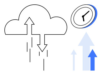 Cloud with arrows illustrating data upload and download alongside a clock and upward pointing arrows. Ideal for technology, data transfer, time efficiency, innovation, connectivity, productivity