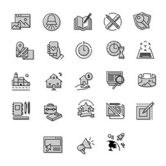 A clean collection of modern outline icons arranged in a grid, representing themes such as design tools, technology, real estate, communication, and productivity.