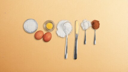 Ingredients for baking, eggs, flour, butter, milk