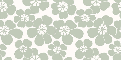 Fototapeta premium Vector floral seamless pattern. Elegant sage green and white background texture with cute bold flowers. Retro vintage inspired design. Trendy summer floral pattern. Repeated design for print, decor