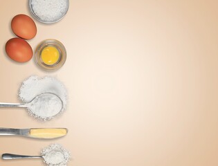 Ingredients for baking, eggs, flour, butter, milk