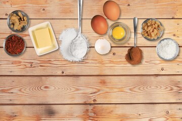 Ingredients for baking, eggs, flour, butter, milk
