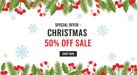 Adobe illustrator artwork vector illustration. Christmas 50% off sale banner with special offer text, framed by festive holly, candy canes, and snowflakes