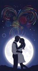 Obraz premium Romantic Embrace Under Fireworks and Moonlight - A Couples Silhouette.