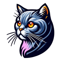 Stylized Portrait Of A Fierce Gray Cat With Intense Orange Eyes And Pink Accents 
