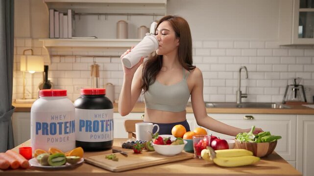 Portrait of healthy Asian woman in sportswear holding protein shake smiles at camera. Young female enjoying organic fresh fruit smoothie for balanced diet, weight loss, clean eating, fitness lifestyle