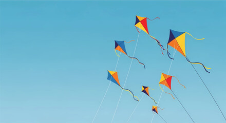 Group of colorful, stylized kites of various sizes flying in a clear blue sky, with white lines trailing downwards, ample copy space below.
