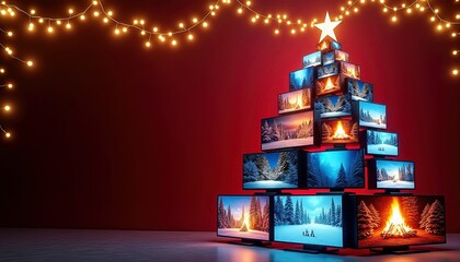  Televisions stacked in the shape of a Christmas tree display winter and fireplace scenes, set against a red background with festive garland. space for text