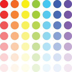 A Grid of Colorful Dots in a Rainbow Spectrum of Red Orange Yellow Green Blue Purple in Soft Pastel and Vibrant Shades Against a Clean Transparent Background