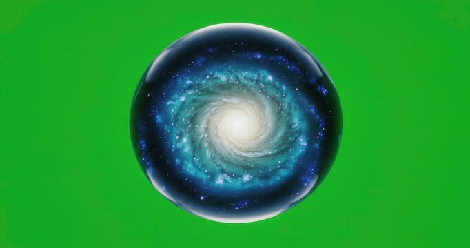 Swirling galaxy encased in a glass sphere against a green screen backdrop.