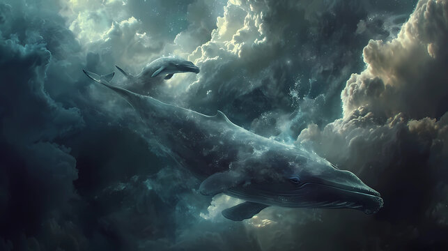 witness ethereal cosmic whales swimming