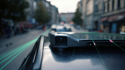 High-tech camera mounted on vehicle roof capturing urban landscape with digital overlay