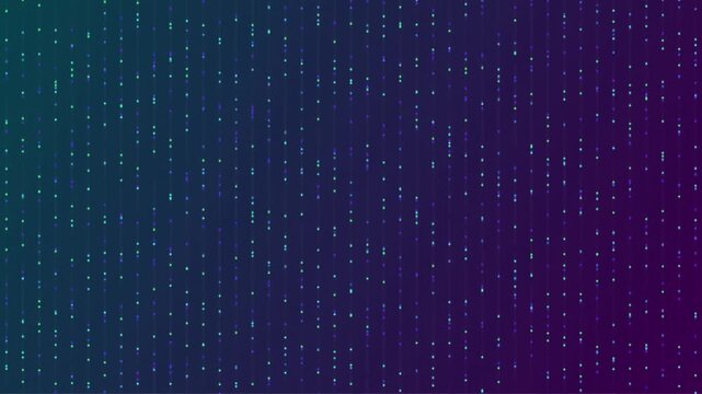 Abstract digital background with a gradient of teal to purple, featuring vertical lines of small, glowing data particles or binary code.
