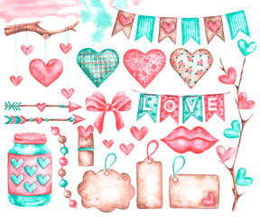 Valentine's Day watercolor illustration set. Love, romance, wedding. February 14th. Cartoon. Hearts, lips. Isolated illustrations. For printing on greeting cards, stickers, invitations, tableware