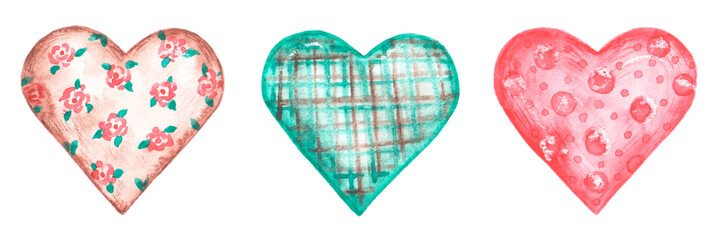 Hearts watercolor illustration set. Vintage hearts. Valentine's Day, love, romance, wedding. February 14th. Cartoon. Isolated illustrations. For printing on greeting cards, stickers, invitations