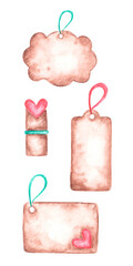 Holiday tags. Watercolor illustration set. Valentine's Day, Birthday, Wedding. Vintage. Cartoon. Isolated illustrations. For printing on greeting cards, stickers, invitations, tableware, fabric