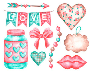 Valentine's Day watercolor illustration set. Love, romance, wedding. February 14th. Vintage. Cartoon. Isolated illustrations. For printing on greeting cards, stickers, invitations, tableware, fabric
