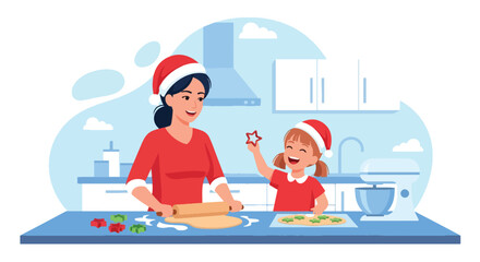 Adobe illustrator artwork vector illustration. Mother and daughter baking Christmas cookies in the kitchen, festive holiday season family activity