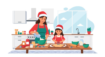 Adobe illustrator artwork vector illustration. Mother and daughter baking Christmas cookies in the kitchen, festive holiday season family activity