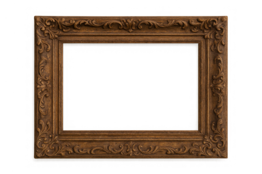 Ornate antique wooden picture frame with detailed baroque carving and floral decoration on transparent alpha channel