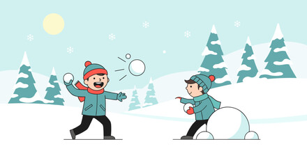 Two Boys Having a Snowball Fight in a Winter Landscape Illustration