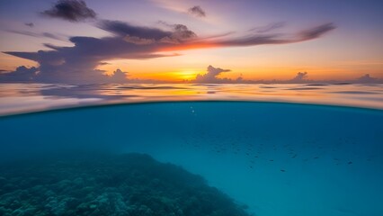 Fototapeta premium Cinematic tropical over-under photo at golden sunset transitioning to blue hour. The sky above glows with dramatic colors — molten orange near the horizon and gentle lavender clouds drifting high. 