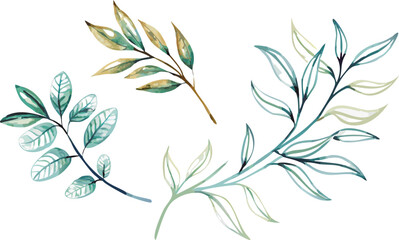 Watercolor illustration of three delicate green and teal leafy branches on a white background, conveying a sense of calm and natural beauty.