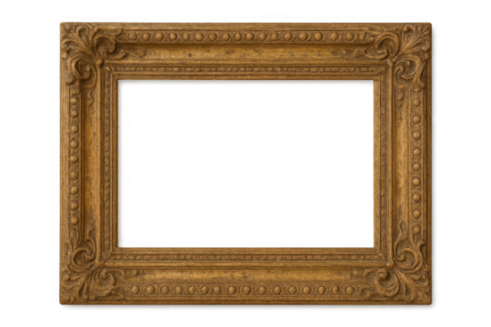 Empty and vintage wooden gold frame with elegant details, perfect for displaying art, photos or text with a transparent background - Powered by Adobe