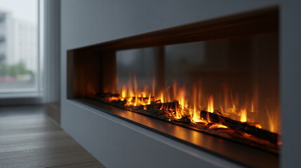 Warm glowing electric fireplace logs with dancing flame backdrop, providing comfort and coziness for home interior design footage