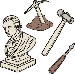 Illustration of a stone bust alongside carving tools: a pickaxe on stone, a hammer, and a chisel, symbolizing sculpture and craftsmanship.